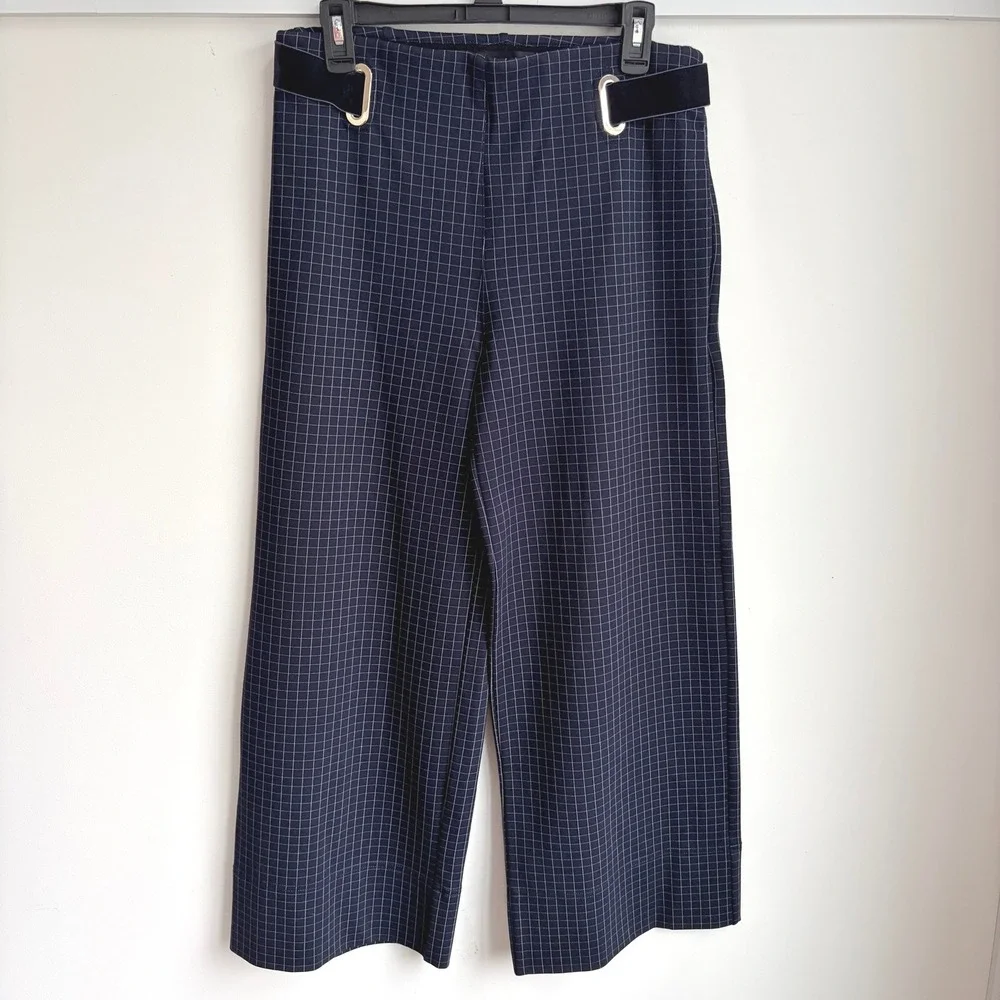 Betabrand Midtowne Navy Blue Grid Print Wide Leg Cropped Pants Size‎ L